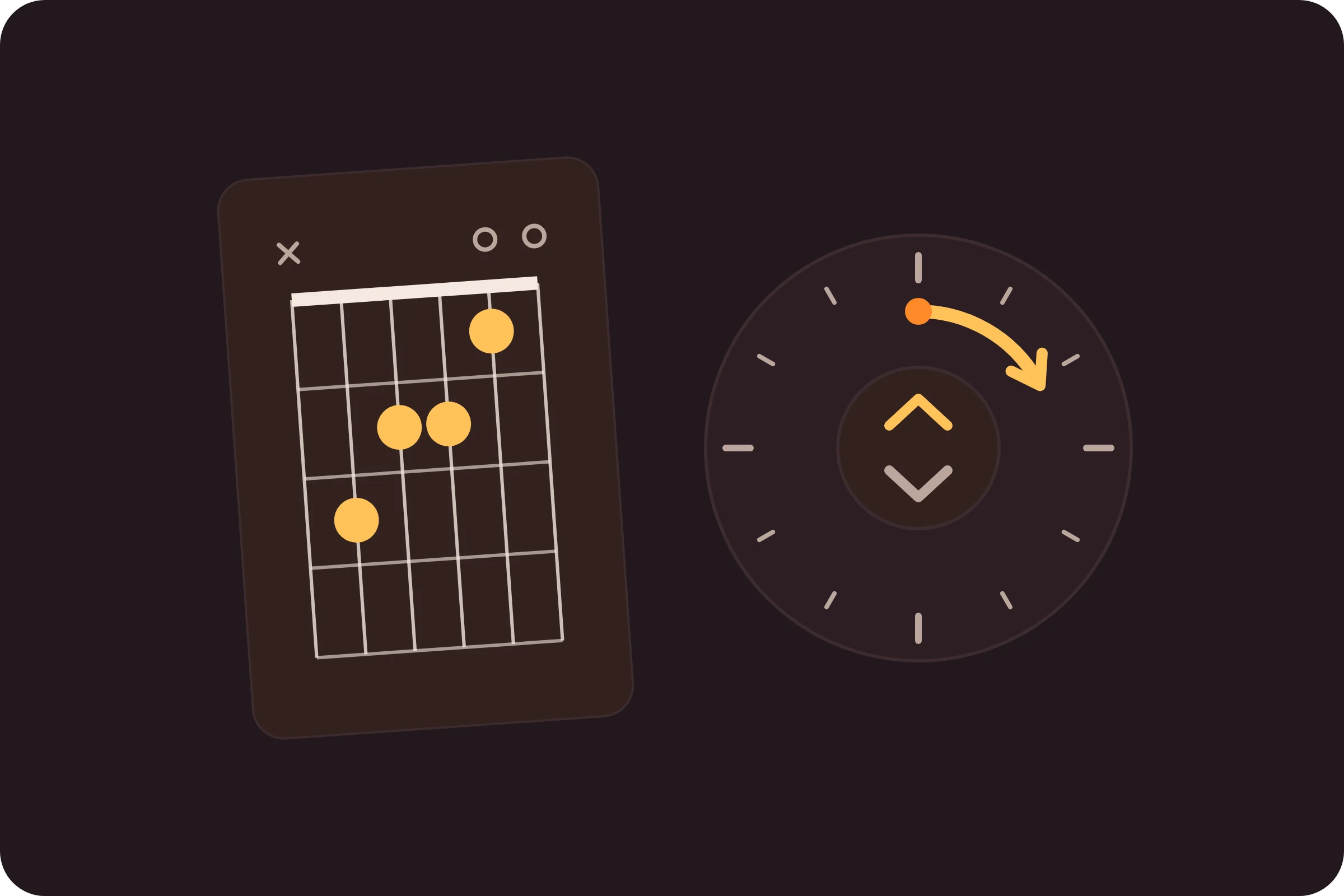 A chord diagram card next to a transpose dial