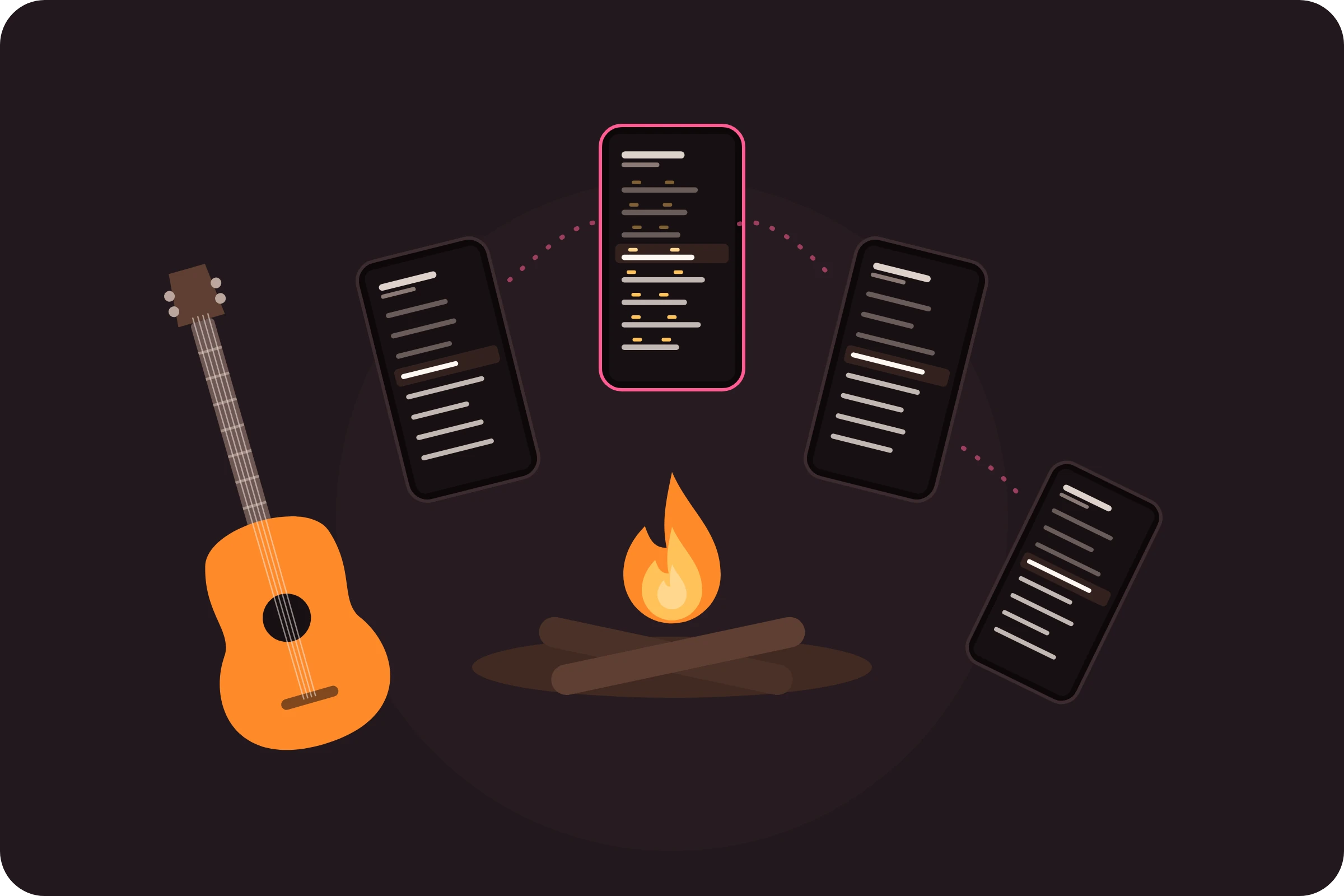 Friends' phones around a campfire, all on the same line, next to a guitar