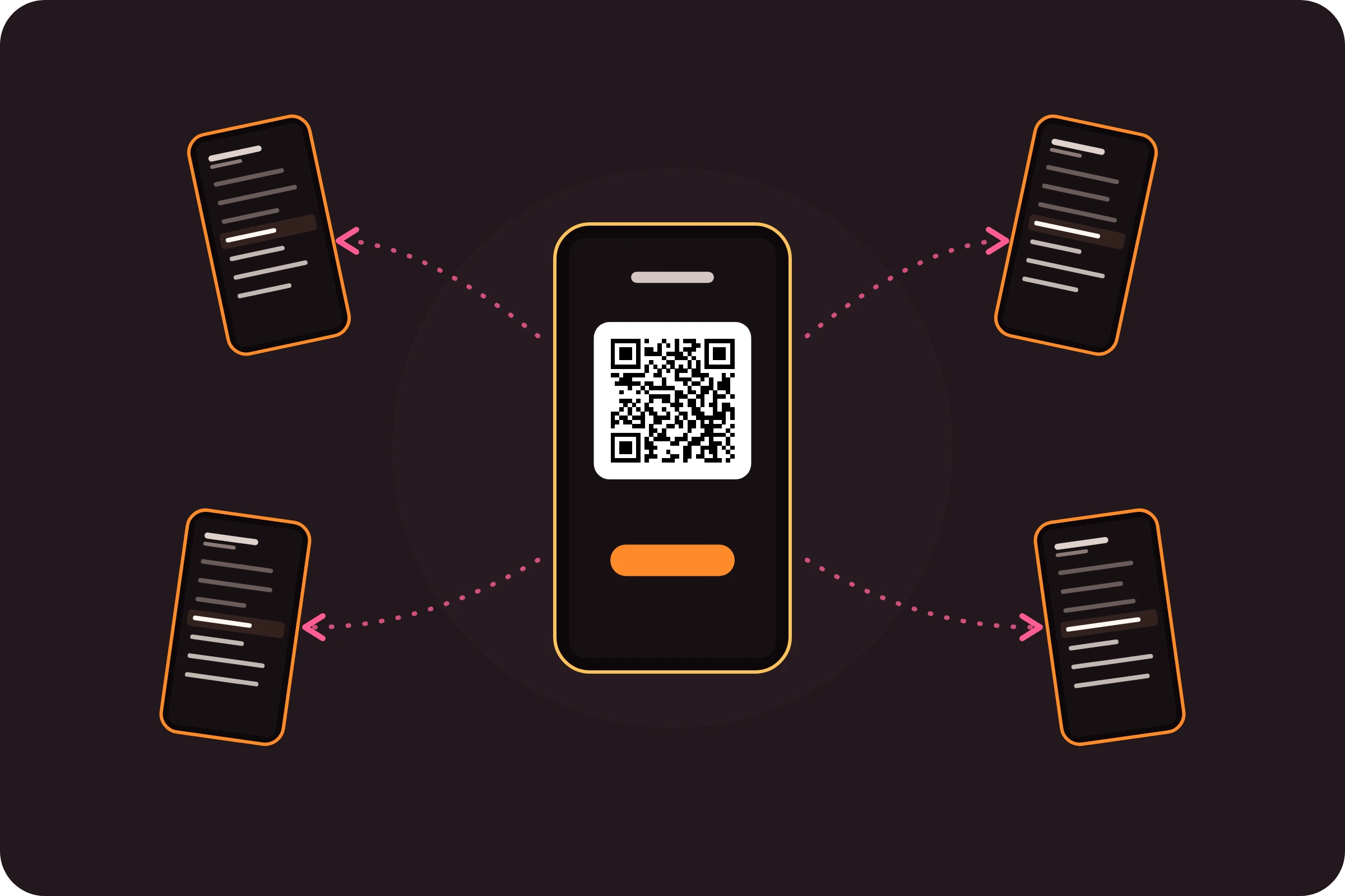 The host's phone shows a QR code and friends' phones light up together